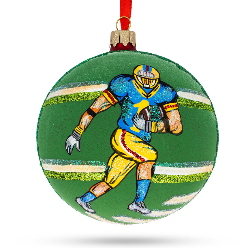 Glass Football Player Blown Glass Ball Christmas Sports Ornament 4 Inches in Green color Round