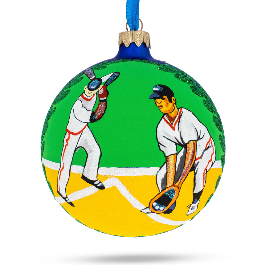 Glass Baseball Players Glass Ball Christmas Ornament 4 Inches in Multi color Round