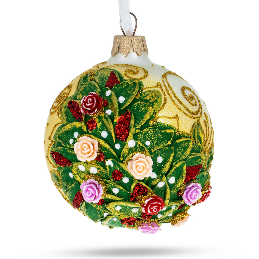 Glass Embossed Roses Bouquet on Pristine White Blown Glass Ball Christmas Ornament 3.25 Inches in Multi color Round