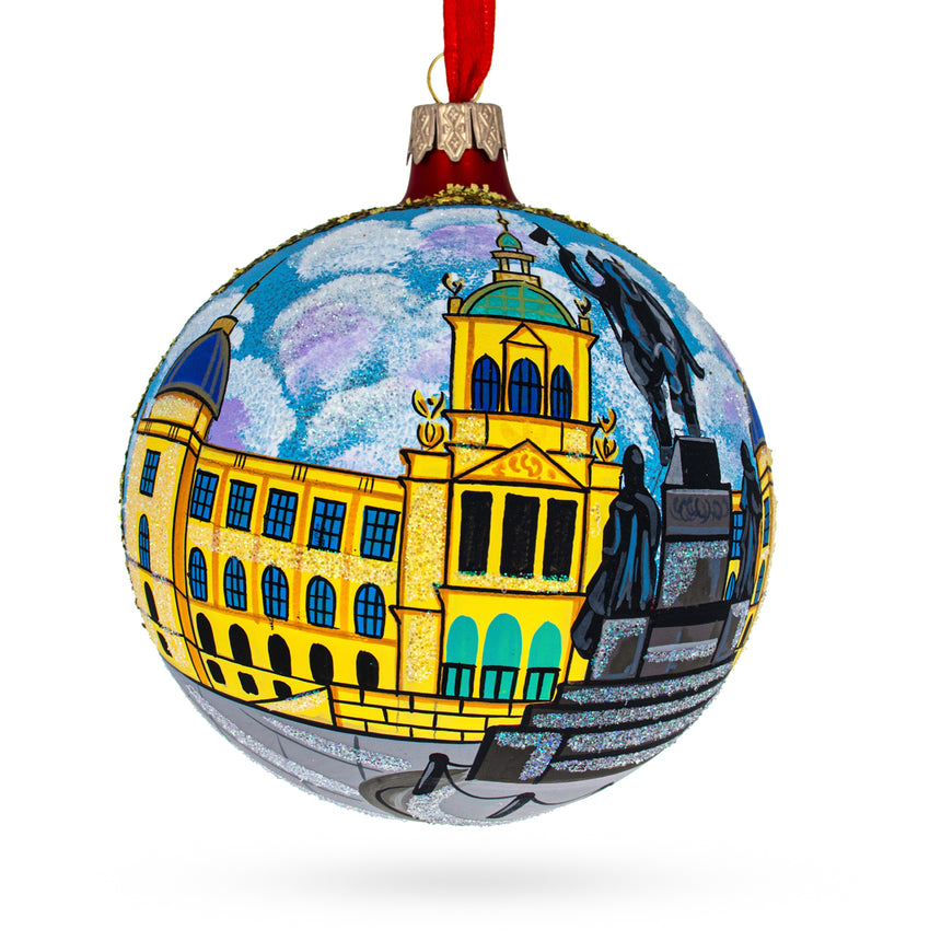 Glass Statue of St Wenceslas, Prague, Czech Republic Glass Ball Christmas Ornament 4 Inches in Multi color Round