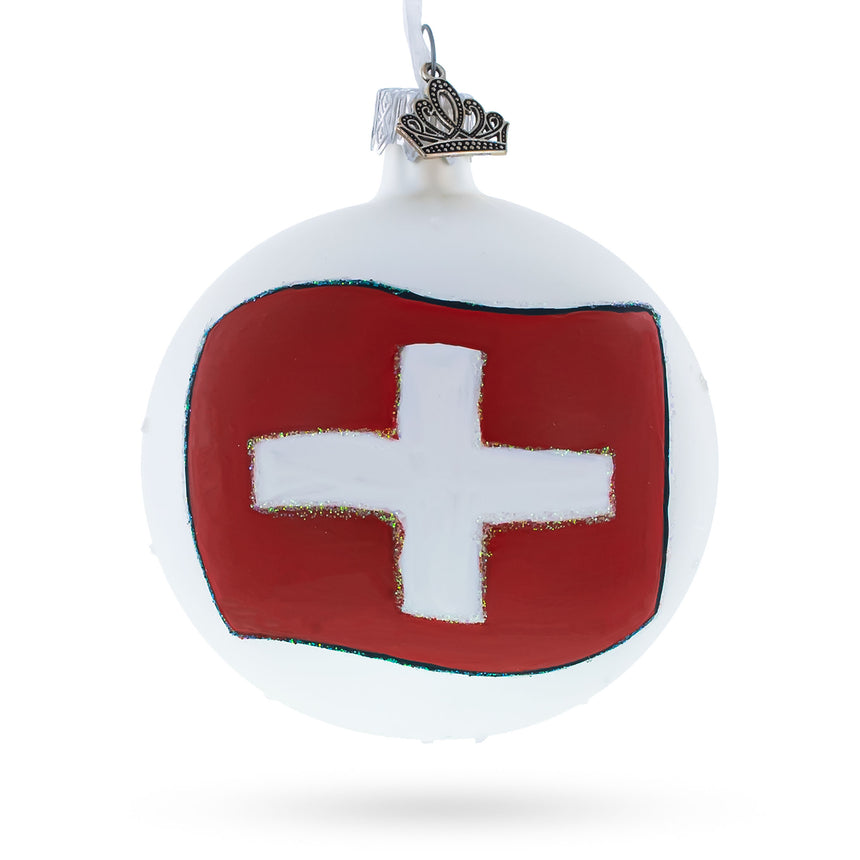 Glass Flag of Switzerland Glass Ball Christmas Ornament 3.25 Inches in Multi color Round