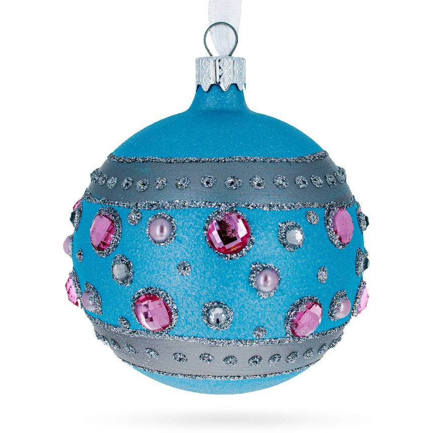 Glass Sapphires and Diamonds Art Nouveau Design Blown Glass Ball Christmas Ornament 3.25 Inches in Blue color Round