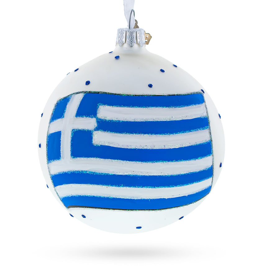 Glass Flag of Greece Glass Ball Christmas Ornament 4 Inches in Multi color Round