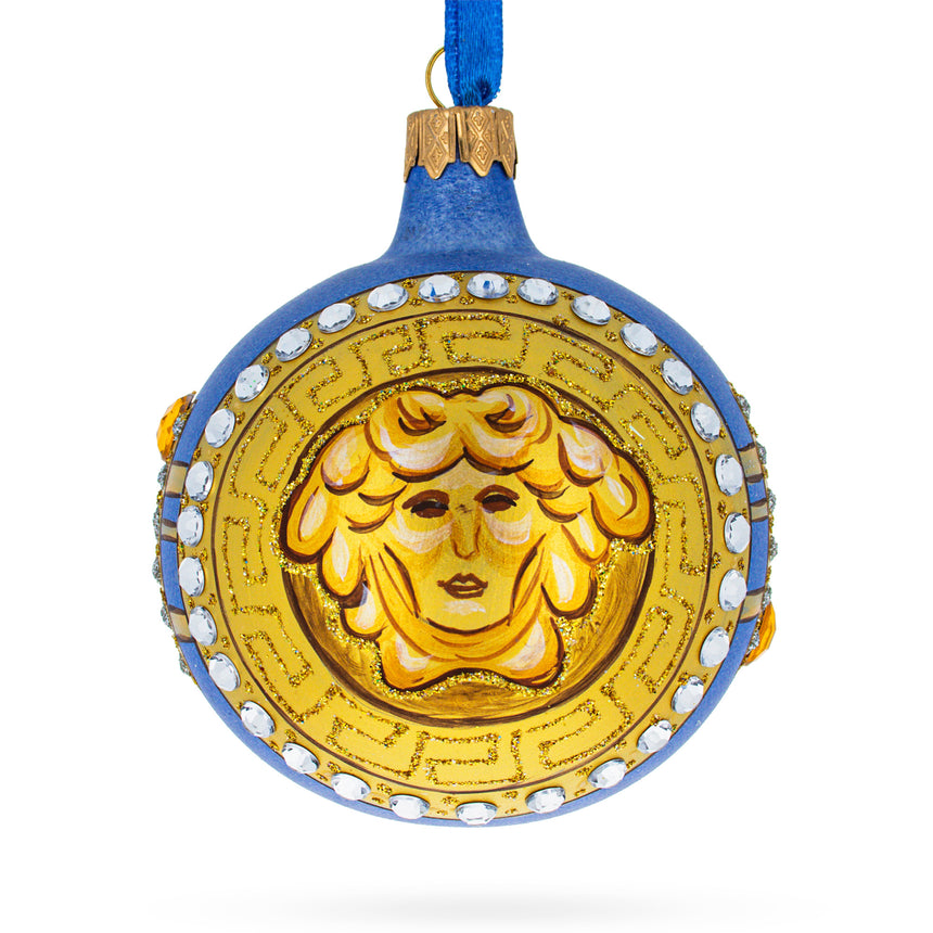 Glass Italian Designer Medusa Medallion Glass Ball Christmas Ornament 3.25 Inches in Gold color Round