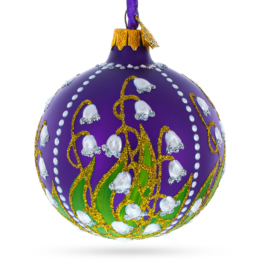 Glass Lilies of the Valley on Purple Royal Blown Glass Ball Christmas Ornament 3.25 Inches in Purple color Round