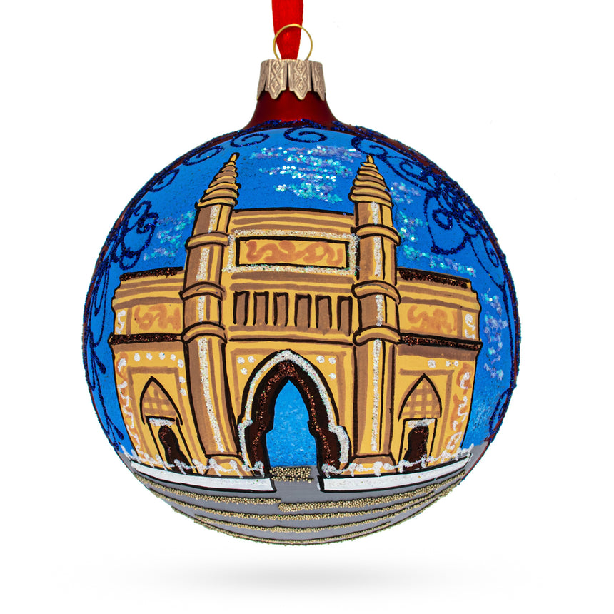 Glass Gateway of India, Mumbai Glass Ball Christmas Ornament 4 Inches in Blue color Round