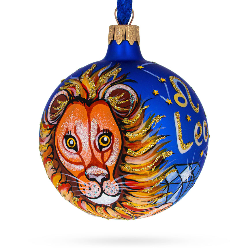 Glass Leo Zodiac Sign Blue Blown Glass Ball Christmas Ornament 3.25 Inches in Blue color Round