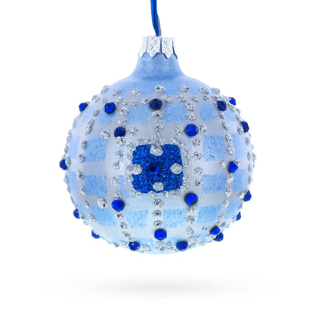 Glass Blue Jewels and Check Pattern Necklace Design Glass Ball Christmas Ornament 3.25 Inches in Blue color Round