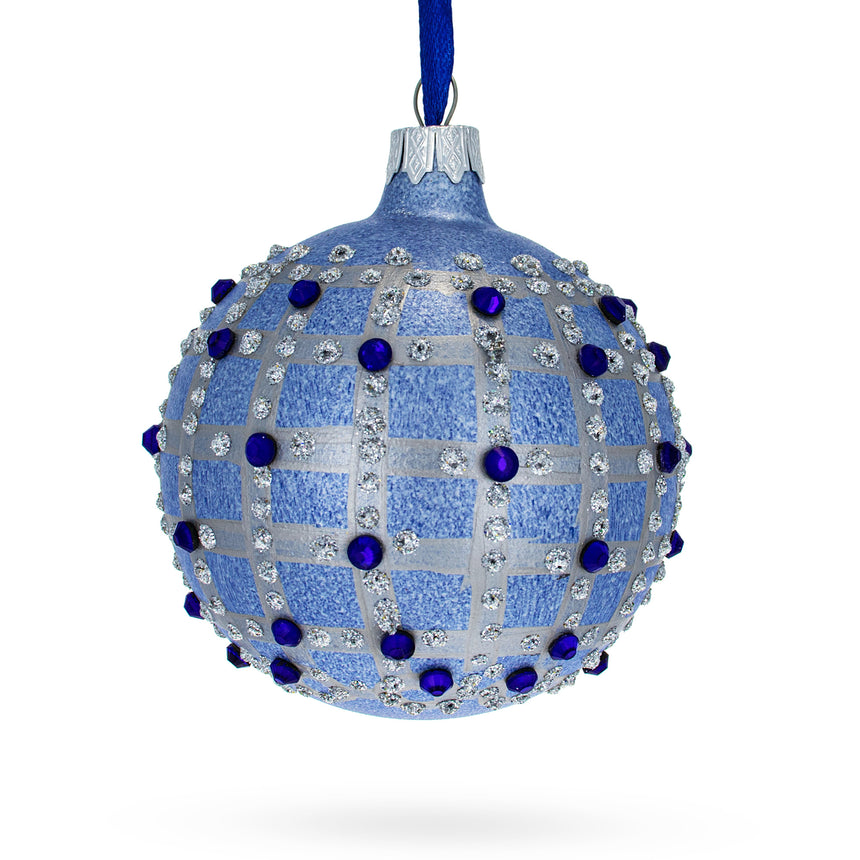 Glass Blue Jewels and Check Pattern Necklace Design Glass Ball Christmas Ornament 3.25 Inches in Blue color Round