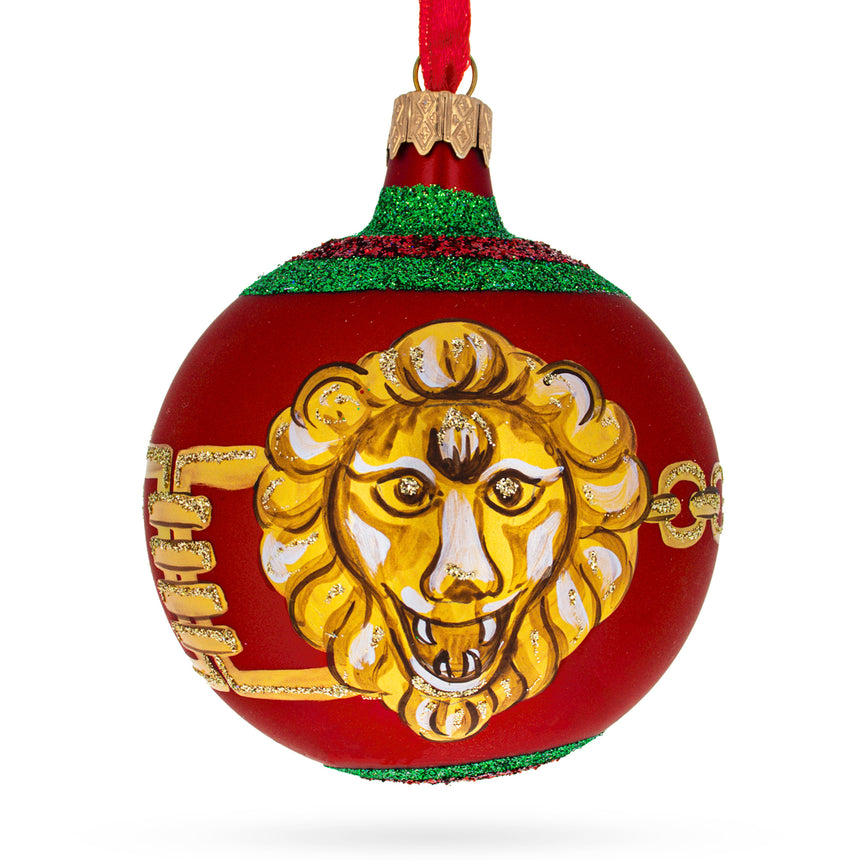 Glass Lion-Head Design Glass Ball Christmas Ornament by Florence Designer 3.25 Inches in Red color Round