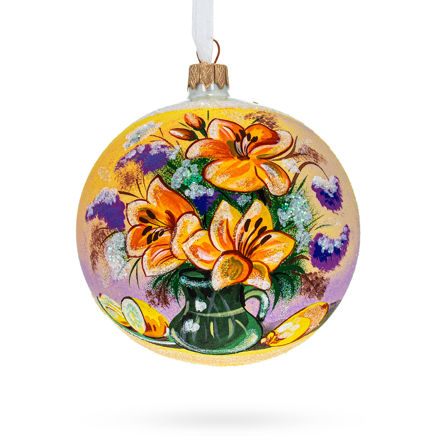 Glass Floral Vase Masterpiece Glass Ball Christmas Ornament 4 Inches in Multi color Round