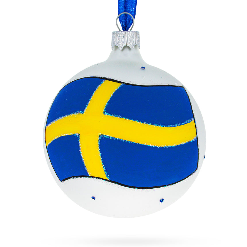 Glass Flag of Sweden Glass Ball Christmas Ornament 3.25 Inches in Multi color Round