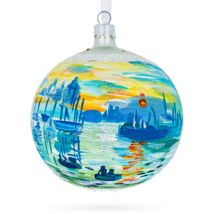 Glass 1874 'Impression Sunrise' by Claude Monet Glass Ball Christmas Ornament 4 Inches in Blue color Round