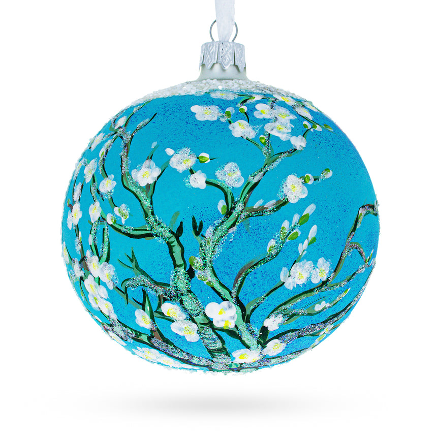 Glass 1890 'Branches with Almond Blossom' by Vincent Van Gogh Glass Ball Christmas Ornament 4 Inches in Blue color Round