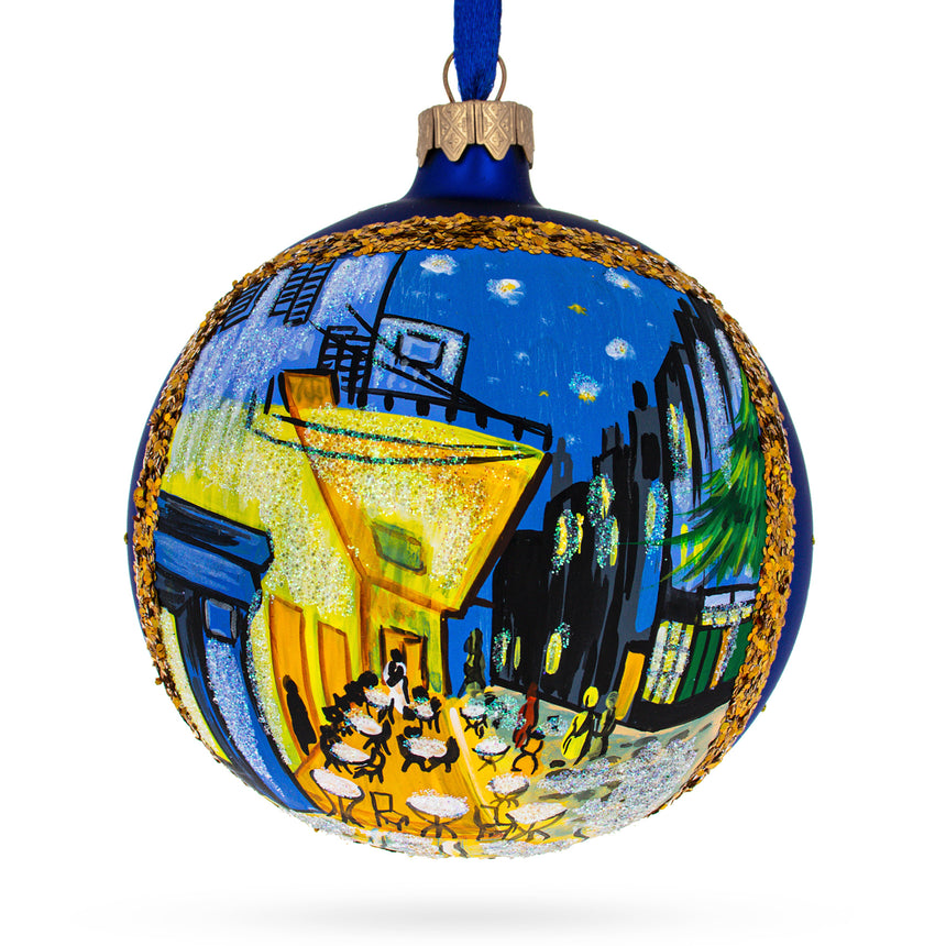 Glass 1888 'Cafe Terrace at Night' by Vincent Van Gogh Glass Ball Christmas Ornament 4 Inches in Multi color Round