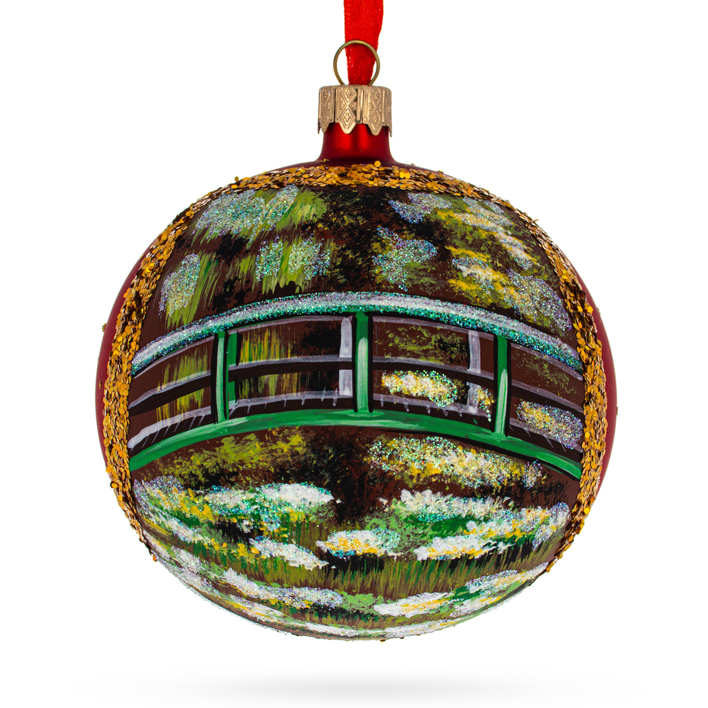 Glass 1906 'The Water Lily Pond' by Claude Oscar Monet Blown Glass Ball Christmas Ornament 4 Inches in Multi color Round