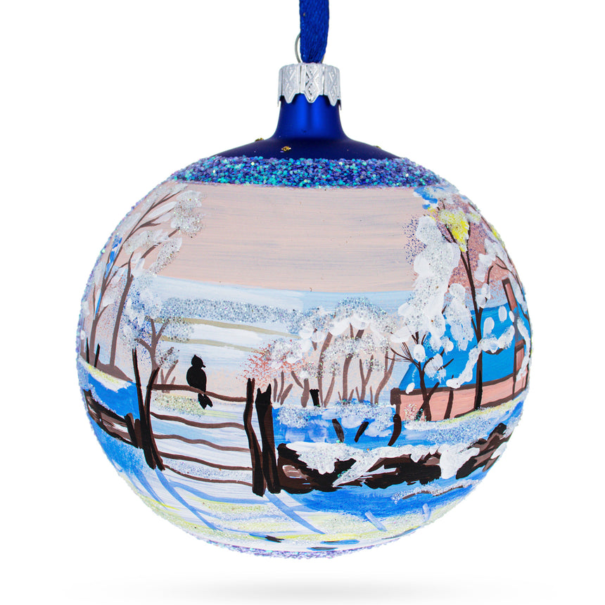 Glass 1869 'The Magpie' by Claude Oscar Monet Glass Ball Christmas Ornament 4 Inches in Multi color Round