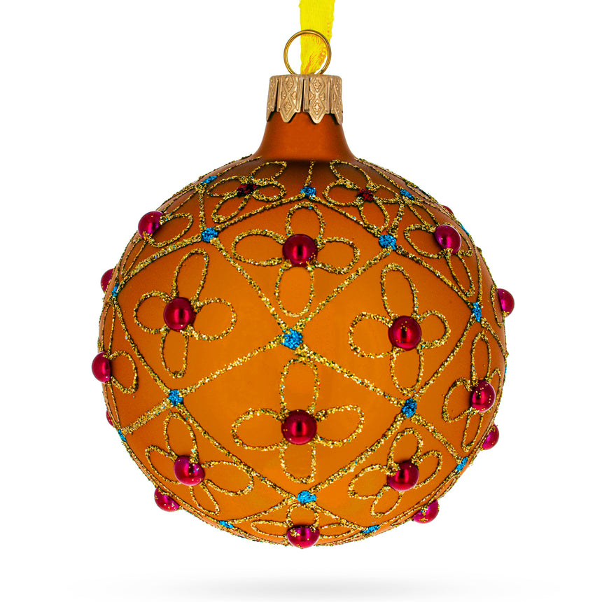 Glass Jeweled Crosses on Gold Blown Glass Ball Christmas Ornament 3.25 Inches in Orange color Round