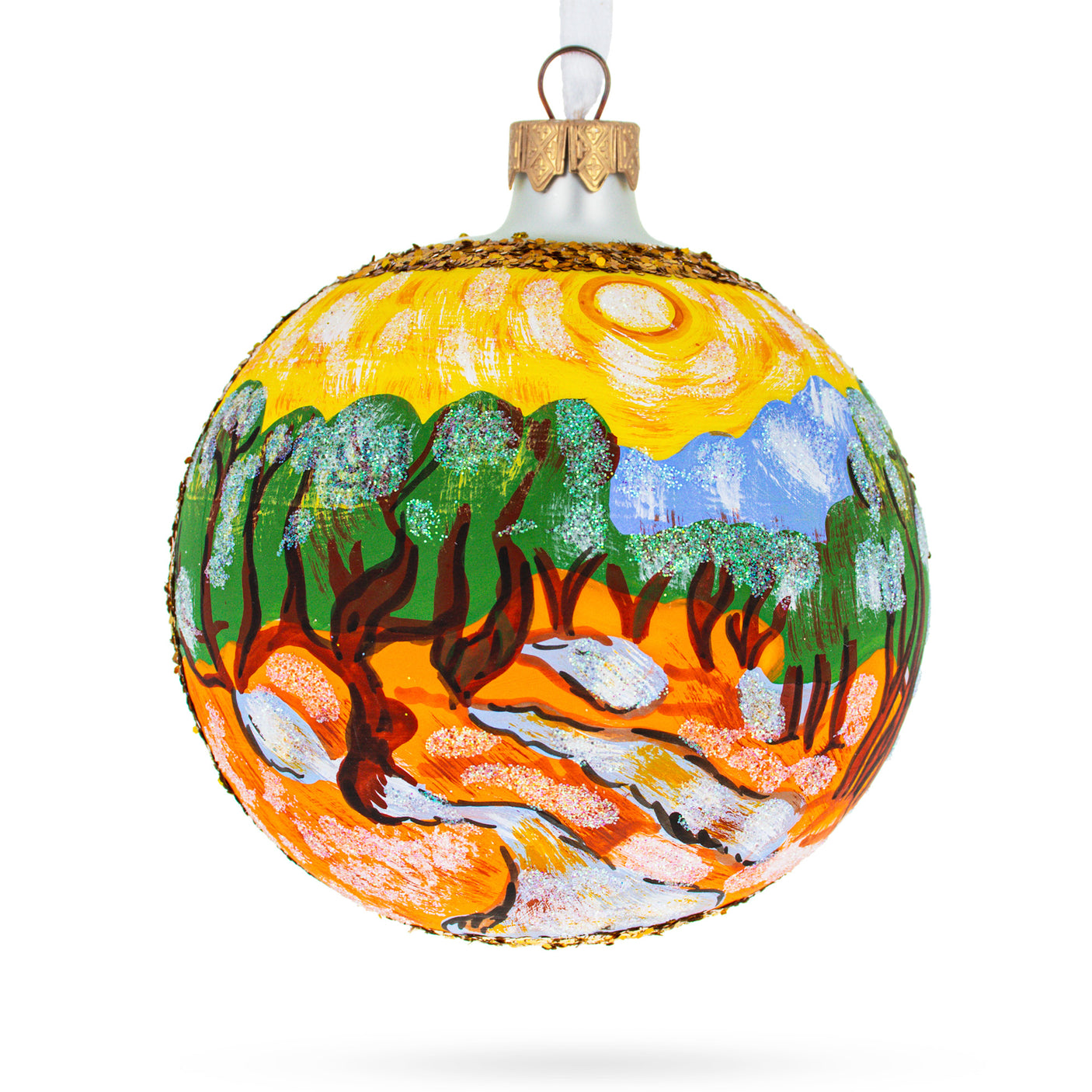 Glass 1889 'Olive Trees with Yellow Sky and Sun' by Van Gogh Blown Glass Ball Christmas Ornament 4 Inches in Multi color Round