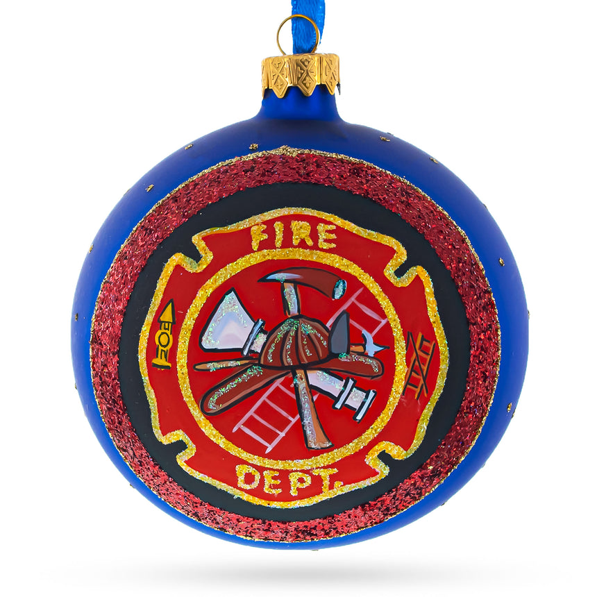 Glass Fire Department Blown Glass Ball Christmas Ornament 4 Inches in Multi color Round