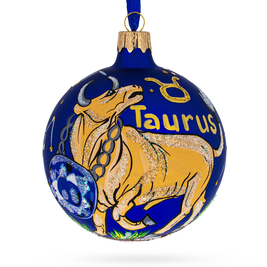 Glass Taurus Zodiac Horoscope Sign Blown Glass Ball Christmas Ornament 3.25 Inches in Blue color Round