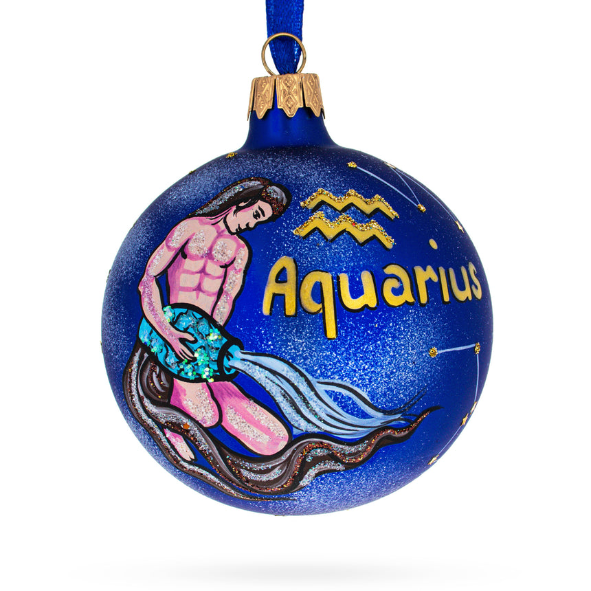 Glass Aquarius Zodiac Horoscope Sign Glass Ball Christmas Ornament 3.25 Inches in Blue color Round