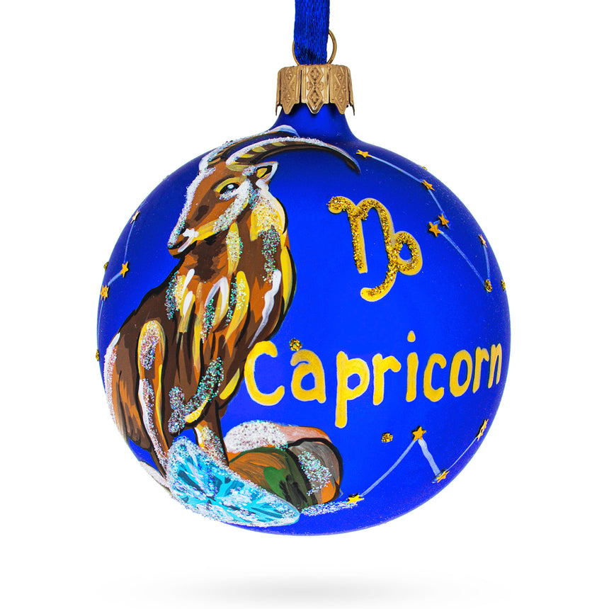 Glass Capricorn Zodiac Horoscope Sign Blown Glass Ball Christmas Ornament 3.25 Inches in Blue color Round