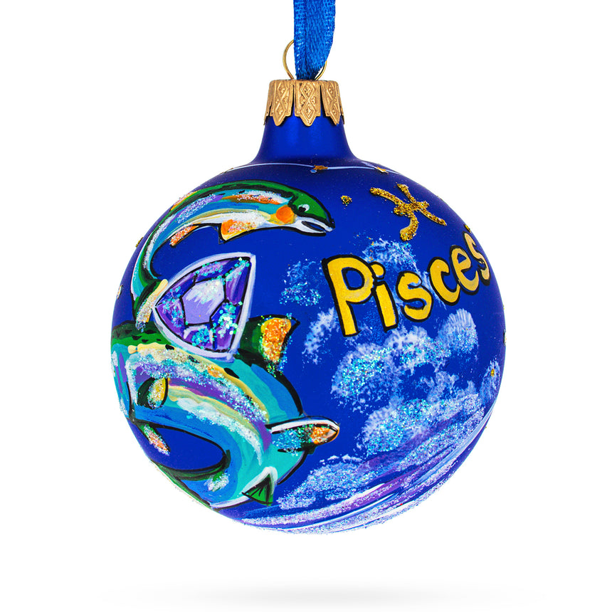 Glass Pisces Zodiac Horoscope Sign Glass Ball Christmas Ornament 3.25 Inches in Blue color Round