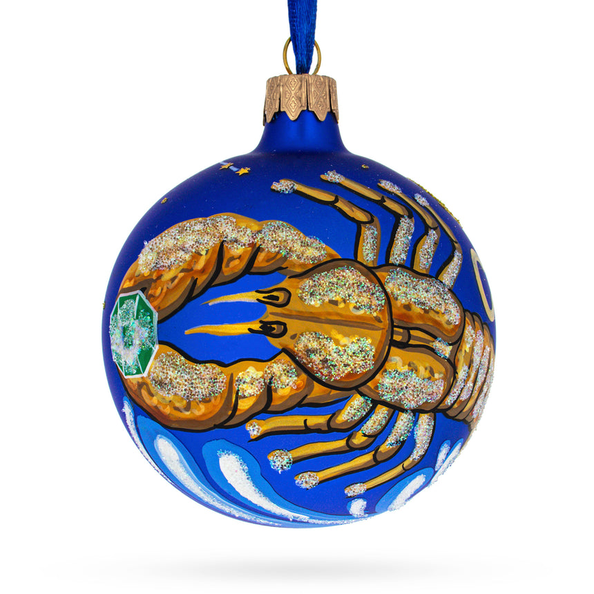 Glass Cancer Zodiac Horoscope Sign Glass Ball Christmas Ornament 3.25 Inches in Blue color Round