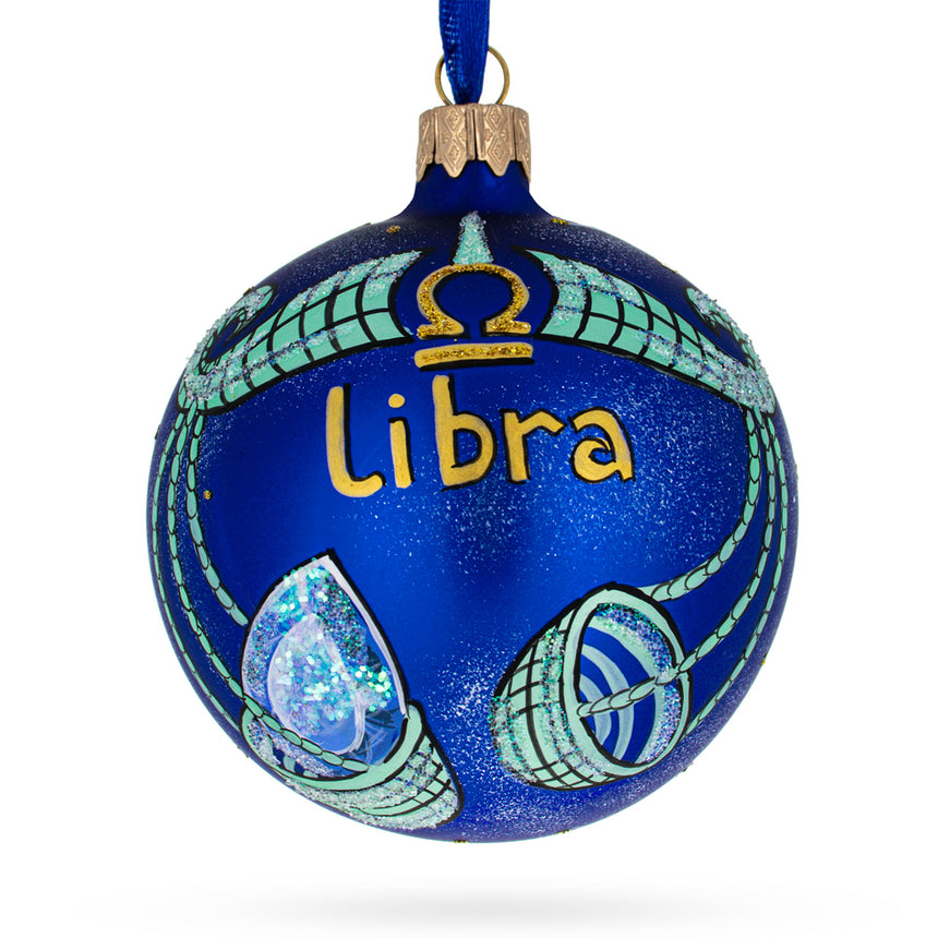 Glass Libra Zodiac Horoscope Sign Blown Glass Ball Christmas Ornament 3.25 Inches in Blue color Round