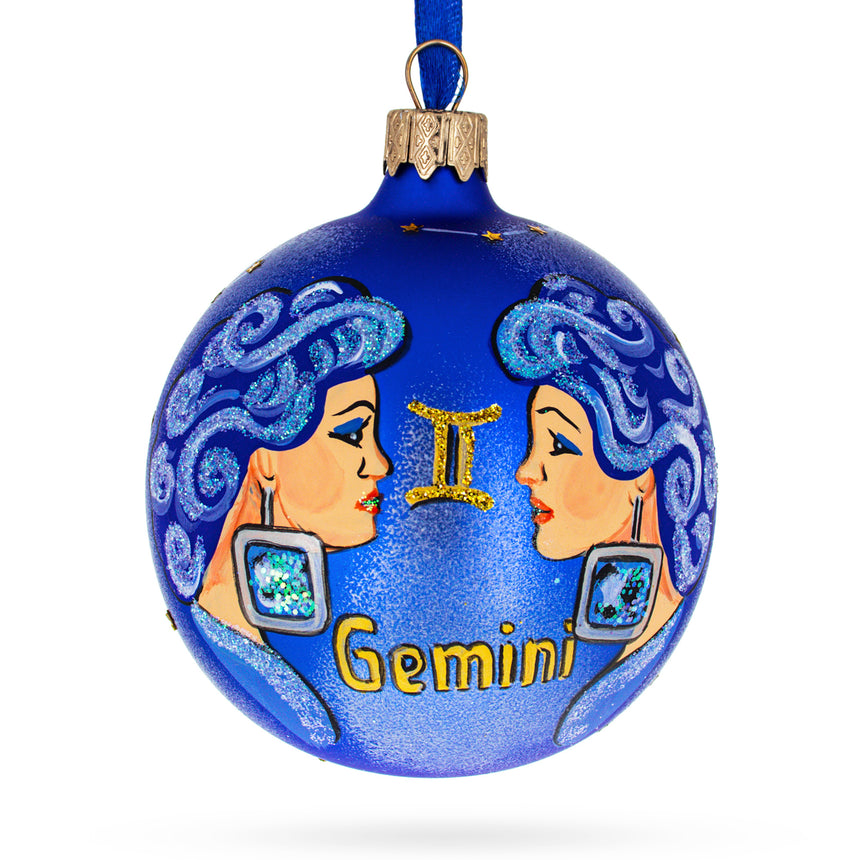 Glass Gemini Zodiac Horoscope Sign Blown Glass Ball Christmas Ornament 3.25 Inches in Blue color Round