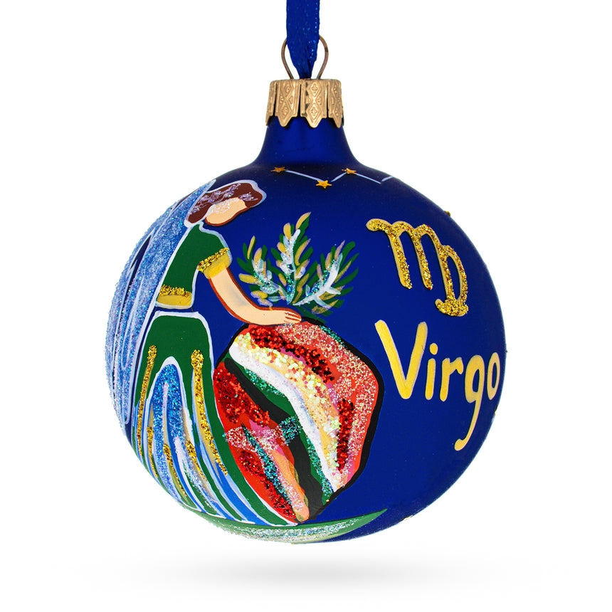 Glass Virgo Zodiac Horoscope Sign Blown Glass Ball Christmas Ornament 3.25 Inches in Blue color Round