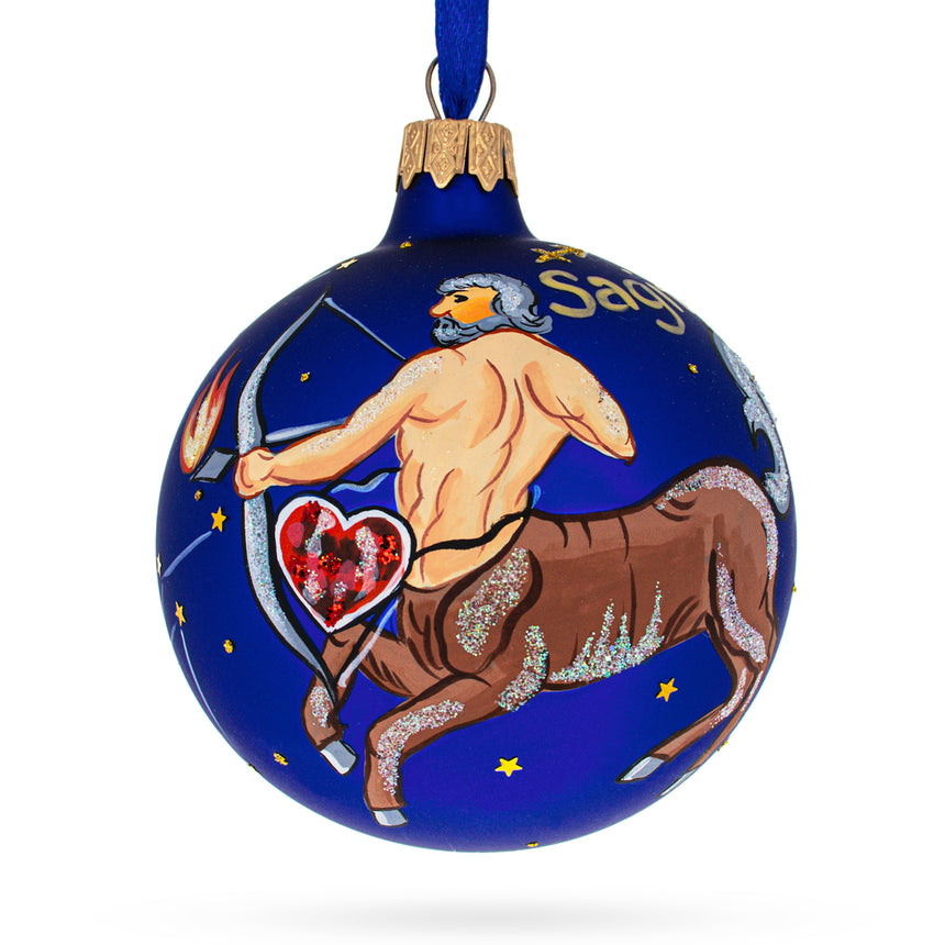 Glass Sagittarius Zodiac Horoscope Sign Glass Ball Christmas Ornament 3.25 Inches in Blue color Round