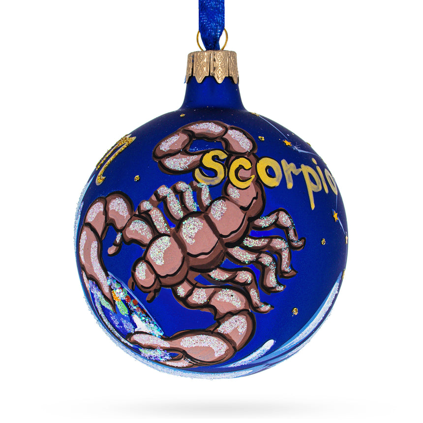 Glass Scorpio Zodiac Horoscope Sign Blown Glass Ball Christmas Ornament 3.25 Inches in Blue color Round