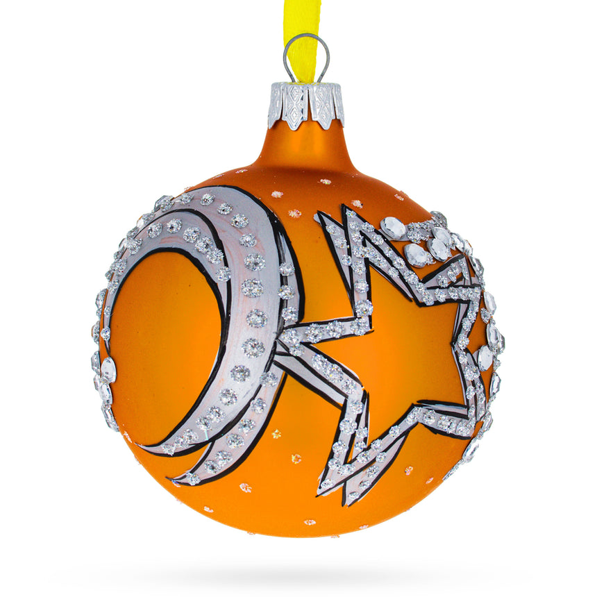 Glass Italian Couturier Stars and Moons Design Blown Glass Ball Christmas Ornament 3.25 Inches in Orange color Round