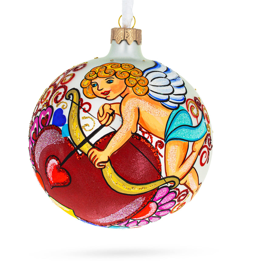 Glass Cupid Aiming Love Arrow Glass Ball Christmas Ornament 4 Inches in Multi color Round