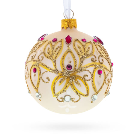 Glass Gilded Golden Leaves Glass Ball Christmas Ornament 3.25 Inches in Gold color Round