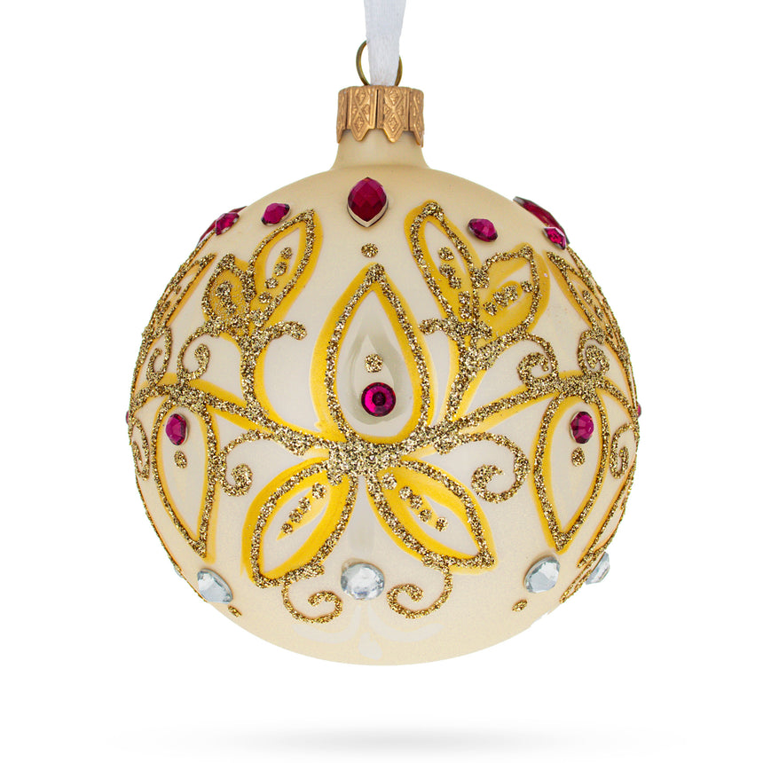 Glass Gilded Golden Leaves Blown Glass Ball Christmas Ornament 3.25 Inches in Gold color Round