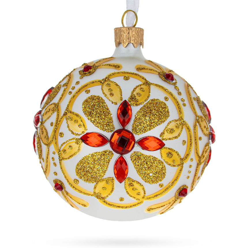 Glass Bejeweled Star Handcrafted Blown Glass Ball Christmas Ornament 3.25 Inches in Gold color Round