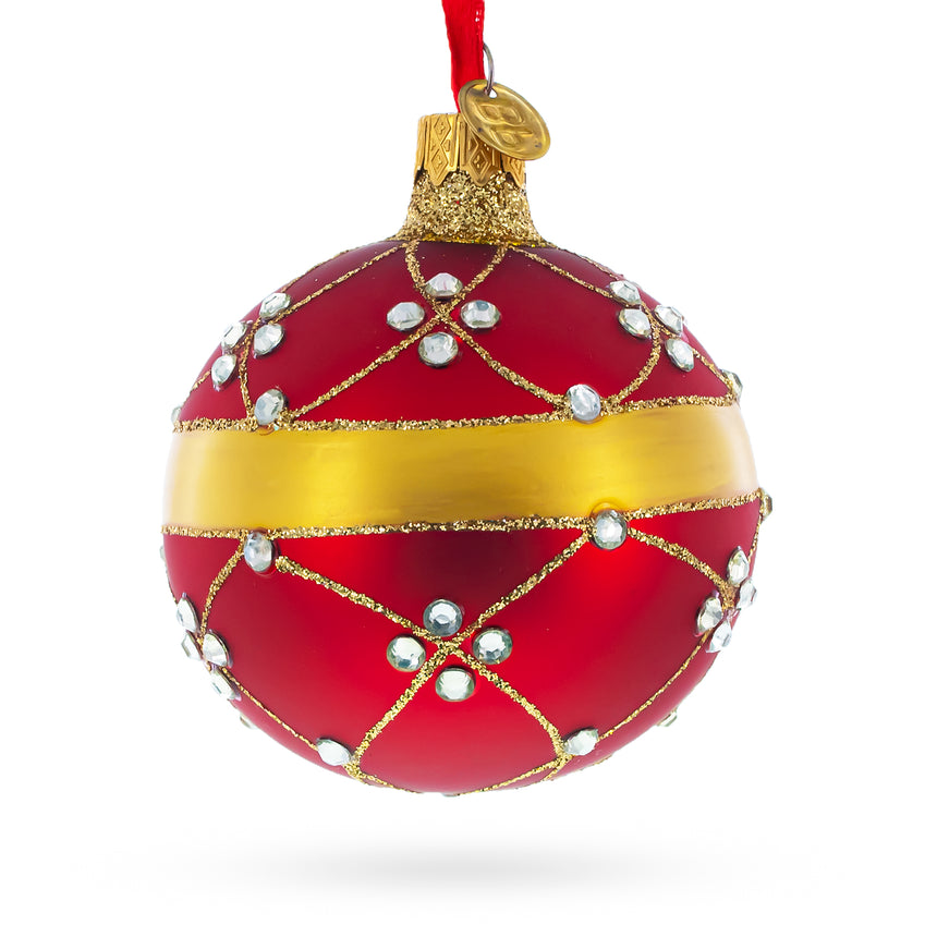 Glass Diamond Trellis Pattern on Rich Ruby Red Hand-Painted Blown Glass Ball Christmas Ornament 3.25 Inches in Red color Round