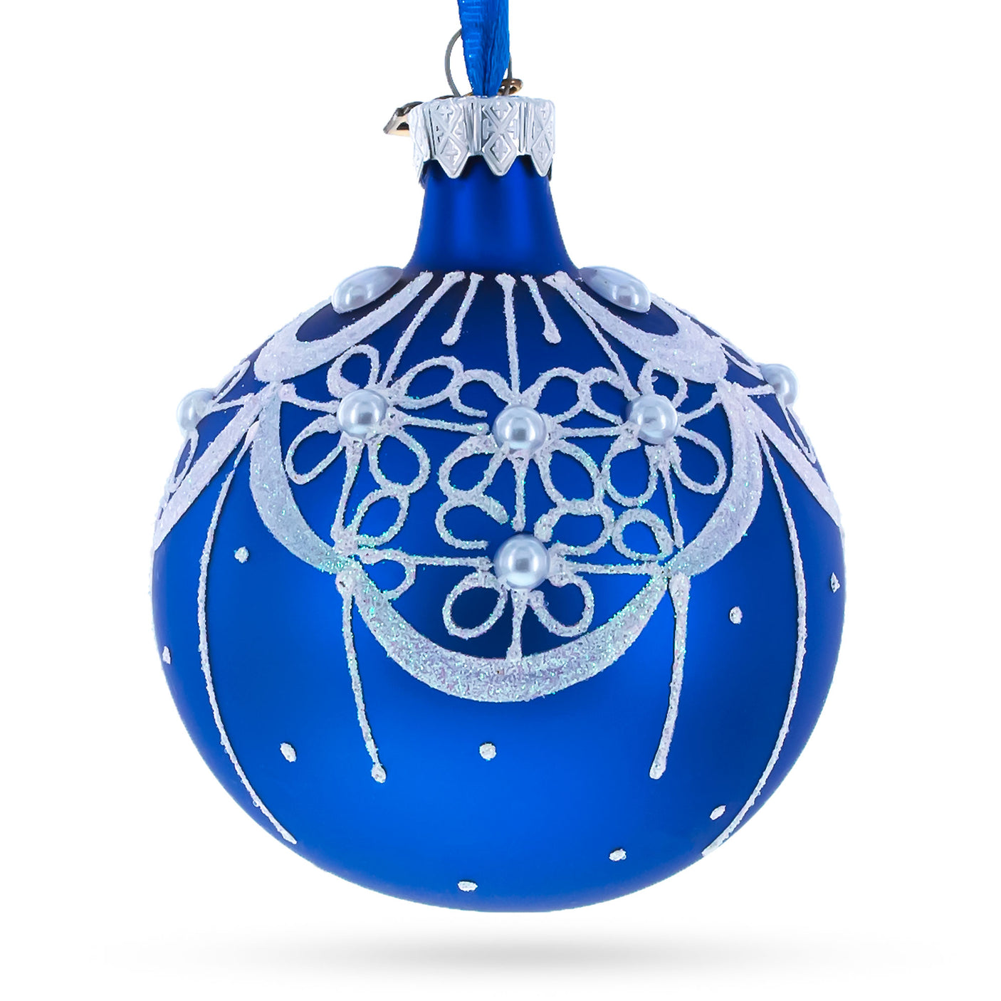 Glass White Flowers Blossoming on a Tranquil Azure Blue Blown Glass Ball Christmas Ornament 3.25 Inches in Blue color Round