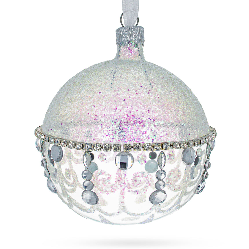 Glass Diamond Chandelier on a Crystal Clear Hand-Painted Blown Glass Ball Christmas Ornament 3.25 Inches in Clear color Round