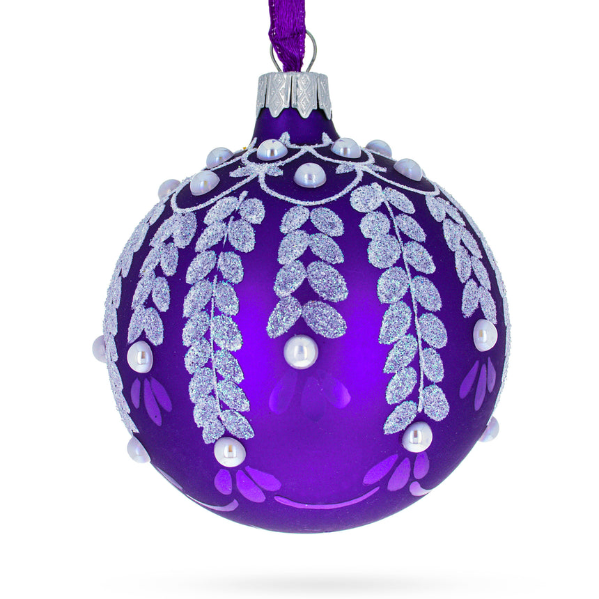 Glass White Vines Entwined on a Lavender Dreamscape Glass Ball Christmas Ornament 3.25 Inches in Purple color Round