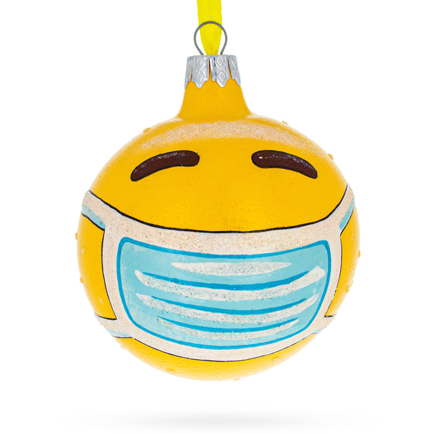 Glass Masked Emotions of Quarantine Glass Ball Christmas Ornament 3.25 Inches in Yellow color Round