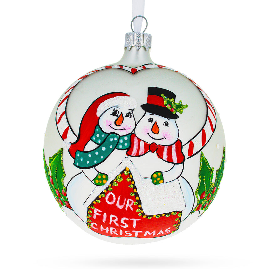 Glass Snowmen Celebrating 'Our First Christmas' Glass Ball Christmas Ornament 4 Inches in Multi color Round