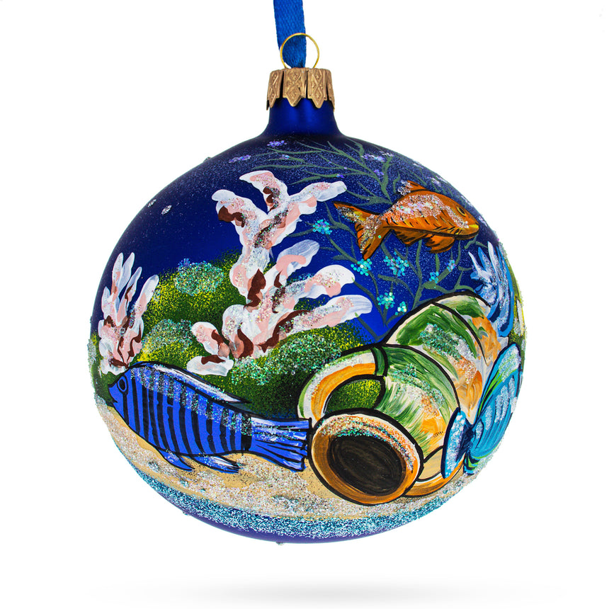 Glass Tropical Aquarium Ensemble Glass Ball Christmas Ornament 4 Inches in Blue color Round