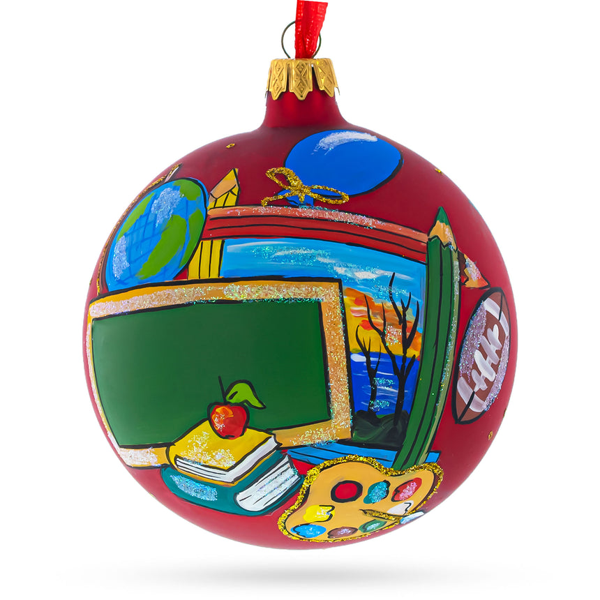 Glass Back to School Blown Glass Ball Christmas Ornament 4 Inches in Multi color Round