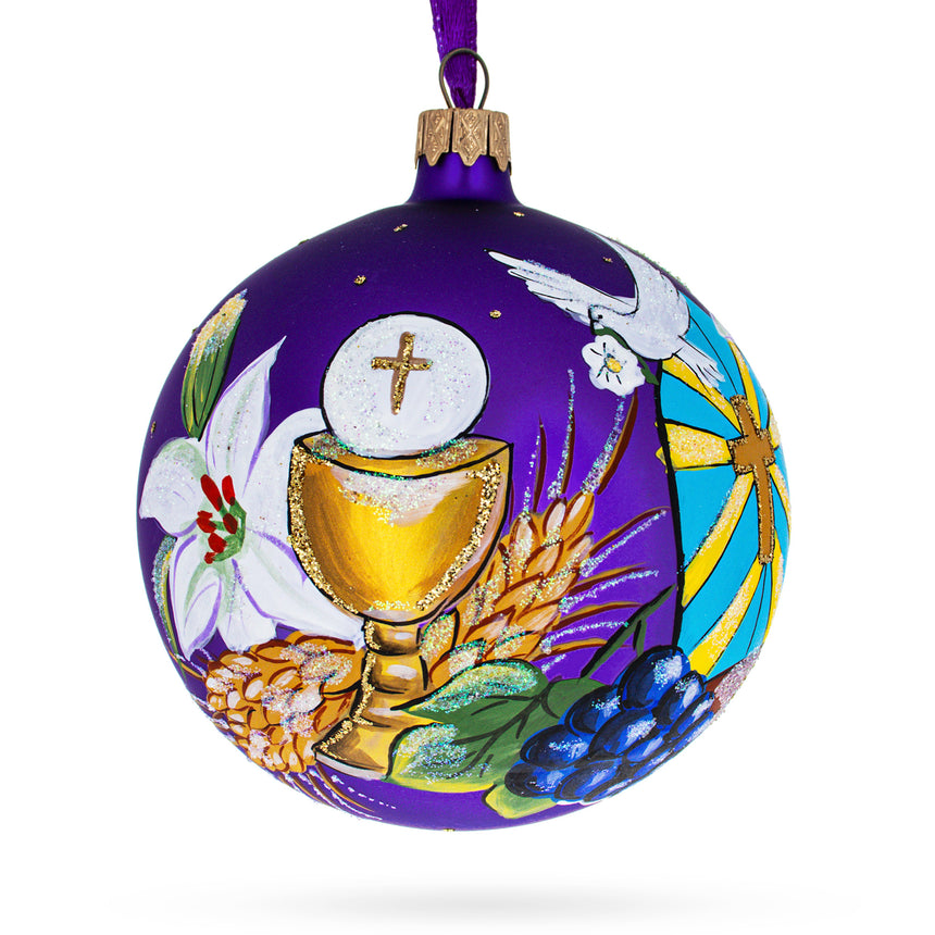 Glass First Communion on Purple Glass Ball Christmas Ornament 4 Inches in Purple color Round