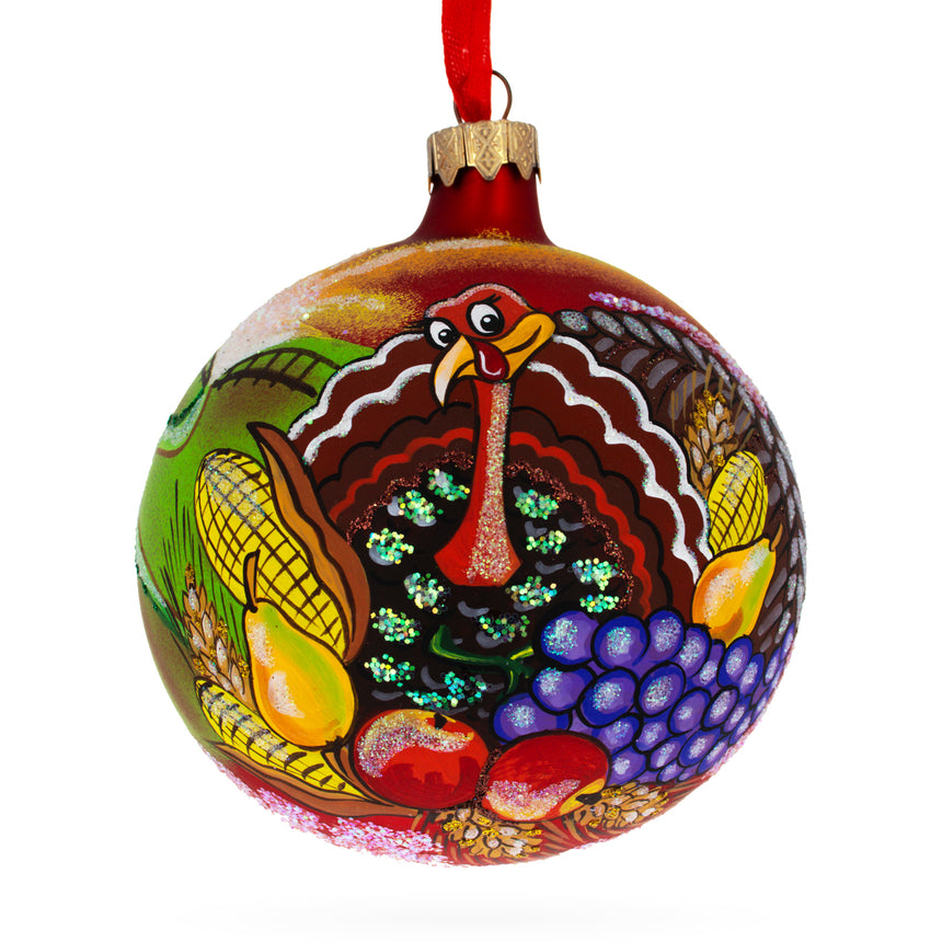 Glass Turkey on the Field Thanksgiving Glass Ball Christmas Ornaments 4 Inches in Multi color Round