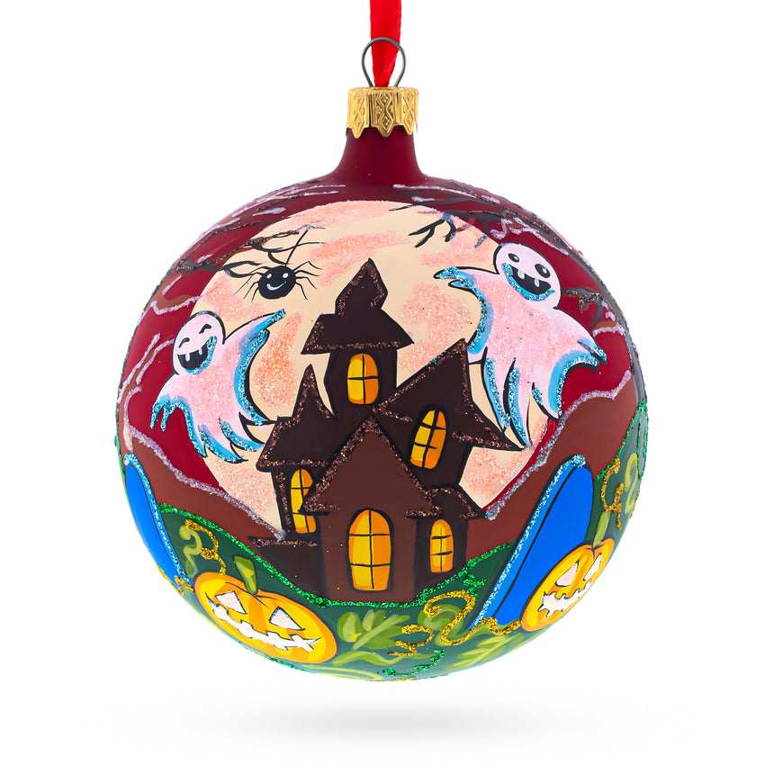 Glass Ghosts and Haunted House Blown Glass Ball Halloween Ornament 4 Inches in Multi color Round